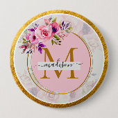 Elegantes goldenes Blumenmonogramm | Name und Init Button (Vorderseite)
