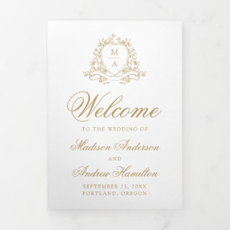 Elegantes goldenes Blumenwappen-Monogramm-Hochzeit Dreifach-gefaltete Programmkarte