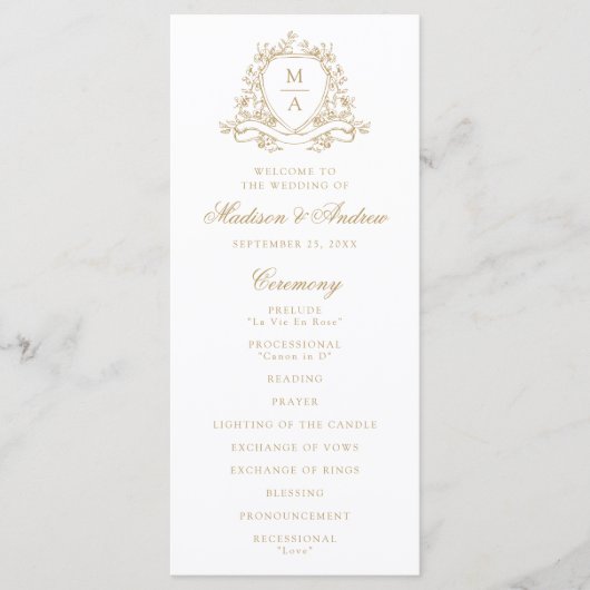 Elegantes goldenes Blumenwappen-Monogramm-Hochzeit Programm (Vorderseite)
