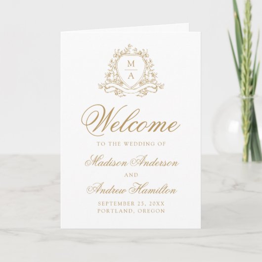Elegantes goldenes Blumenwappen-Monogramm-Hochzeit Programm (Vorderseite)