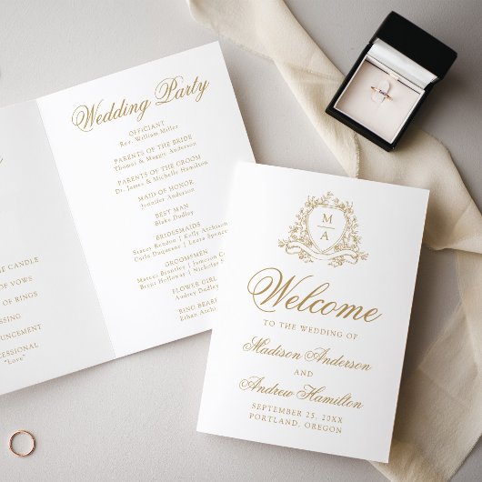 Elegantes goldenes Blumenwappen-Monogramm-Hochzeit Programm