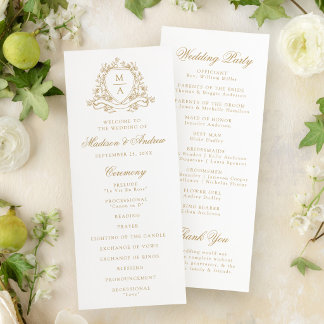 Elegantes goldenes Blumenwappen-Monogramm-Hochzeit Programm