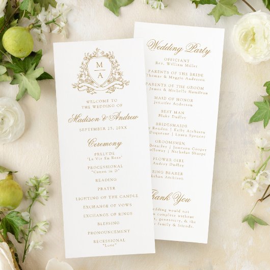 Elegantes goldenes Blumenwappen-Monogramm-Hochzeit Programm