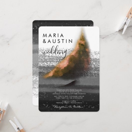 Elegantes Goldenes Boot Schwarz-weiße Wasserfarben Einladung (Vorderseite/Rückseite Beispiel)