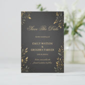 Elegantes Goldenes Botanisches Dunkel Save The Date (Stehend Vorderseite)