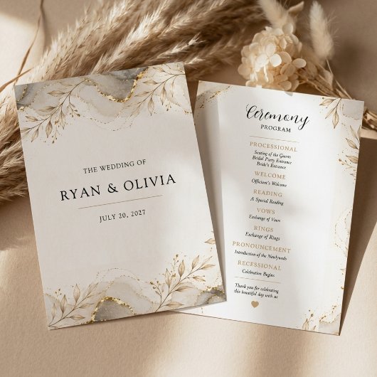 Elegantes goldenes botanisches Hochzeitsprogramm Programm