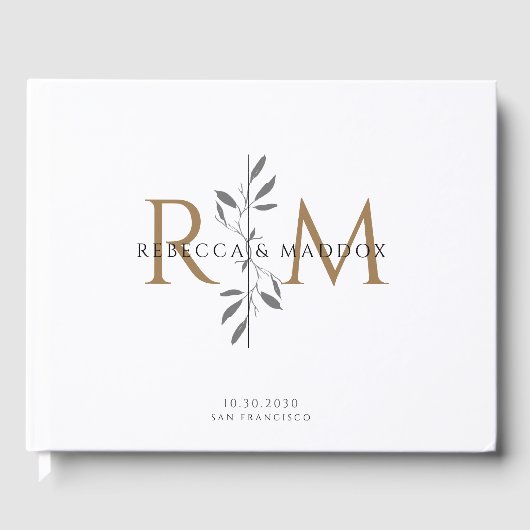 Elegantes goldenes botanisches Monogramm-Hochzeit Gästebuch (Vorderseite)
