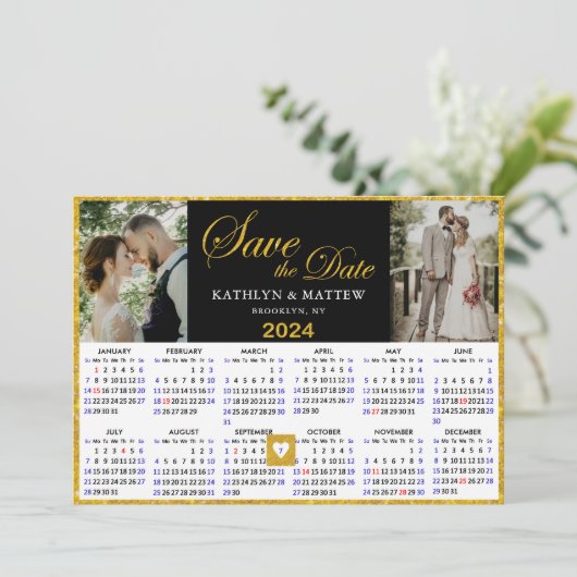 Elegantes Goldenes Drehbuch auf Black 2 Foto 2024  Save The Date (Stehend Vorderseite)