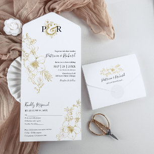 Elegantes goldenes florales Monogramm zur Hochzeit All In One Einladung