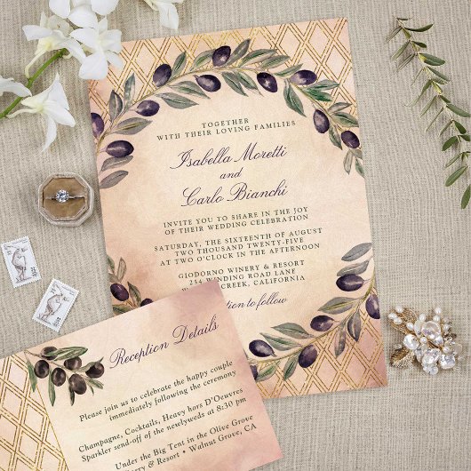 Elegantes Goldenes Gitter Olivenzweig Toskana Begleitkarte