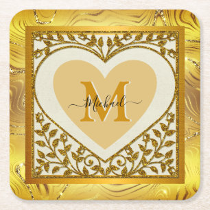 Elegantes goldenes Glitter-Herz-Initial & Name Rechteckiger Pappuntersetzer