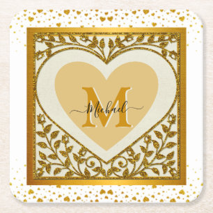 Elegantes goldenes Glitter-Herz-Initial & Name Rechteckiger Pappuntersetzer