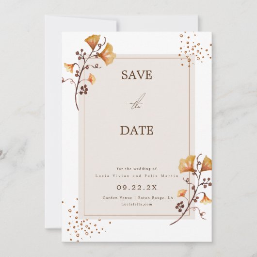 Elegantes Goldenes Herbstblatt Save the Date Einladung (Vorderseite)