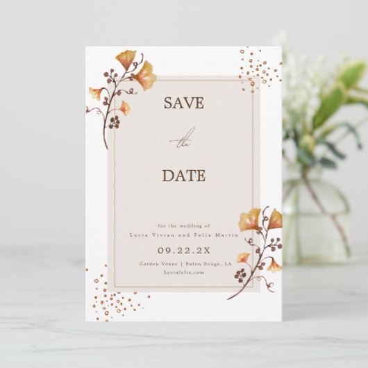Elegantes Goldenes Herbstblatt Save the Date Einladung (Stehend Vorderseite)