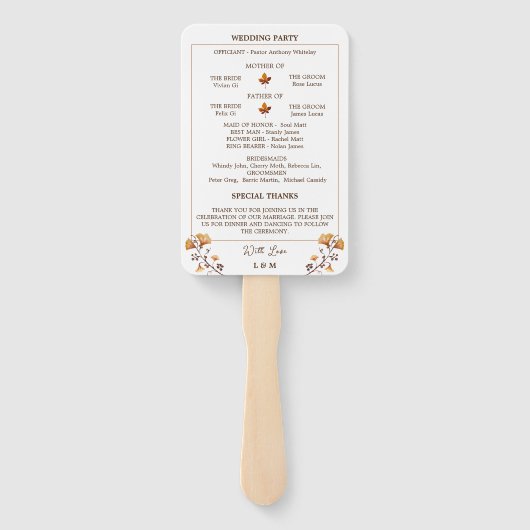 Elegantes Goldenes Herbstleaf-Hochzeitsprogramm Fächer (Rückseite)
