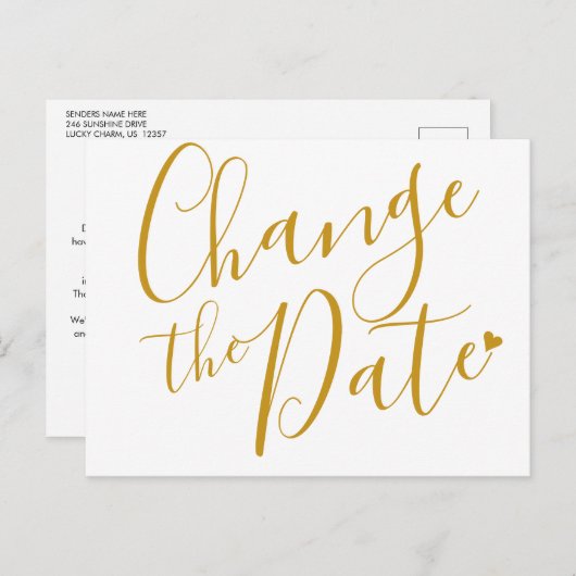 Elegantes goldenes Herz ändern Datum verschoben Ankündigungspostkarte (Vorne/Hinten)