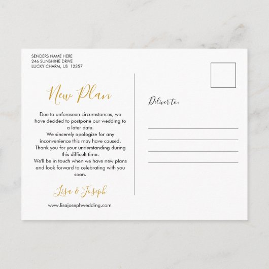 Elegantes goldenes Herz ändern Datum verschoben Ankündigungspostkarte (Rückseite)