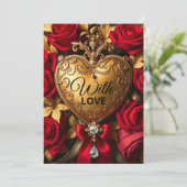 Elegantes Goldenes Herz mit Rote Rosen und Juwel Karte (Stehend Vorderseite)