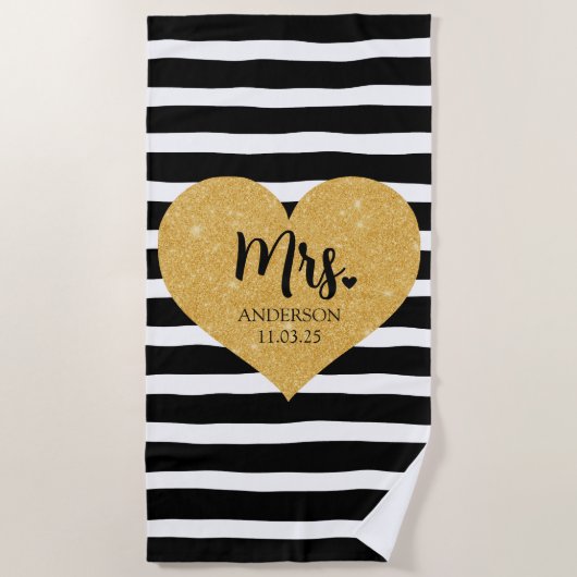 Elegantes Goldenes Herz Schwarze Streifen Nur verh Strandtuch (Vorderseite)