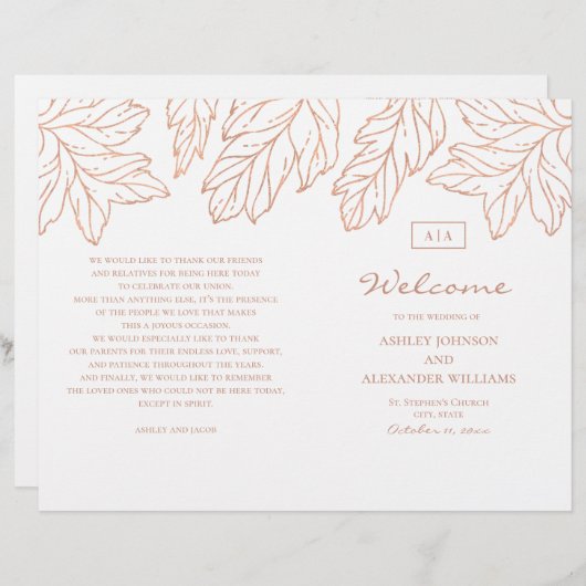 Elegantes goldenes Hochzeitsprogramm gefaltet. Bla (Vorne/Hinten)