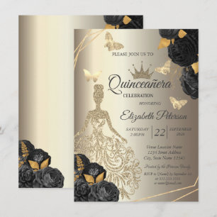 Elegantes goldenes Kleid, Schmetterlinge schwarze Einladung