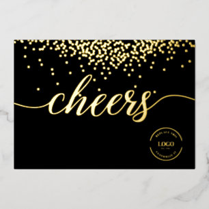 Elegantes goldenes Konfetti auf schwarzem Cheers-L Folien Feiertagskarte