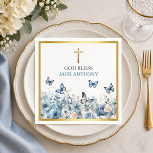 Elegantes goldenes Kreuz blaue florale Taufe Serviette