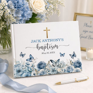 Elegantes goldenes Kreuz mit blauer floraler Taufe Gästebuch