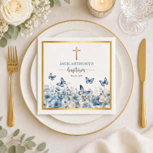 Elegantes goldenes Kreuz mit blauer floraler Taufe Serviette