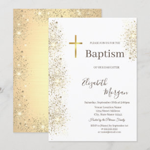 Elegantes goldenes Kreuz Taufe Gold Glitter Konfet Einladung