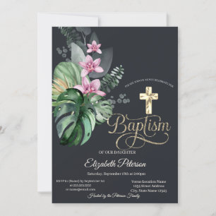 Elegantes goldenes Kreuz tropische Blumen dunkle T Einladung