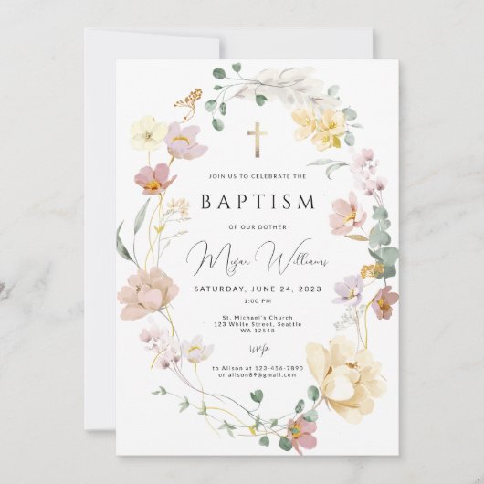 Elegantes Goldenes Kreuz und errötete Blume Mädche Einladung (Vorderseite)