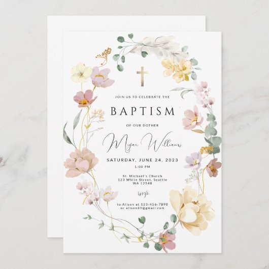 Elegantes Goldenes Kreuz und errötete Blume Mädche Einladung (Vorne/Hinten)