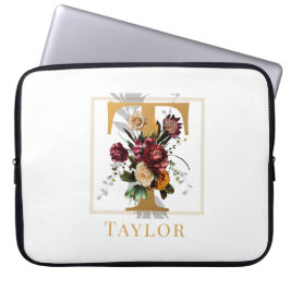 Elegantes goldenes Monogramm burgunderrote Blumen  Laptopschutzhülle