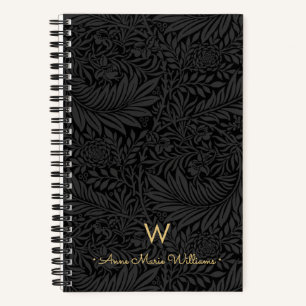 Elegantes goldenes Monogramm Name Schwarzes Blumen Notizblock