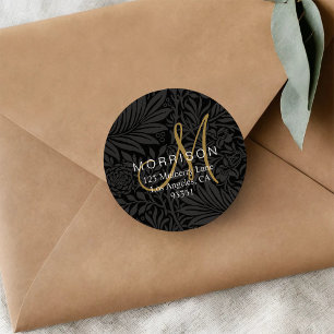Elegantes goldenes Monogramm schwarzes florales Rü Runder Aufkleber