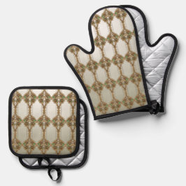 Elegantes goldenes Ornament Ofenhandschuh & Topflappen-Set