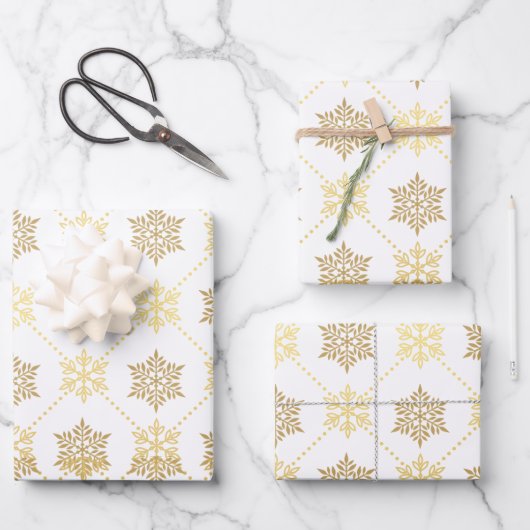 Elegantes goldenes Schneeflocken-Muster Geschenkpapier Set (Vorderseite)