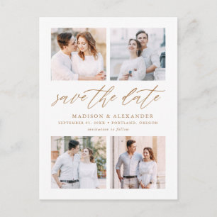 Elegantes goldenes Schrift-Save-the-Date-Photo-Kol Ankündigungspostkarte
