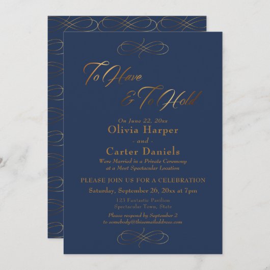 Elegantes Goldenes Skript, um die Marine zu halten Einladung (Vorne/Hinten)