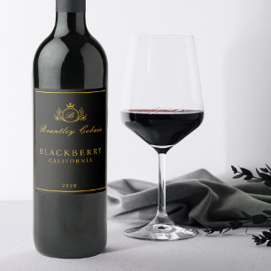 Elegantes goldenes Vintage-Monogramm-Wein Schwarz  Weinetikett