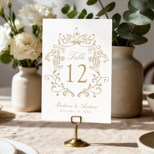 Elegantes goldenes Wappen-Hochzeitstischschild Tischnummer