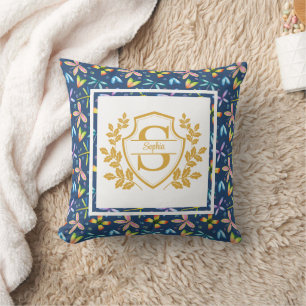 Elegantes goldenes Wappen-Monogramm Navy-Blumen-Wa Kissen