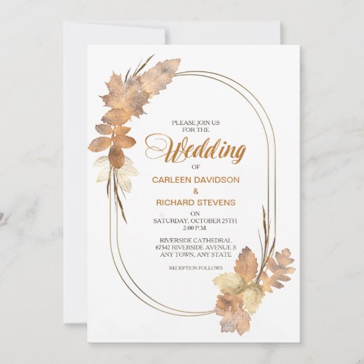 Elegantes goldenes Wasserfarben Herbstblatt Hochze Einladung (Vorderseite)