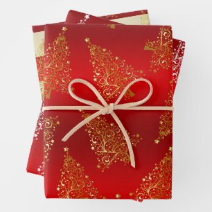 Elegantes goldenes Weihnachtsbaummuster Geschenkpapier Set
