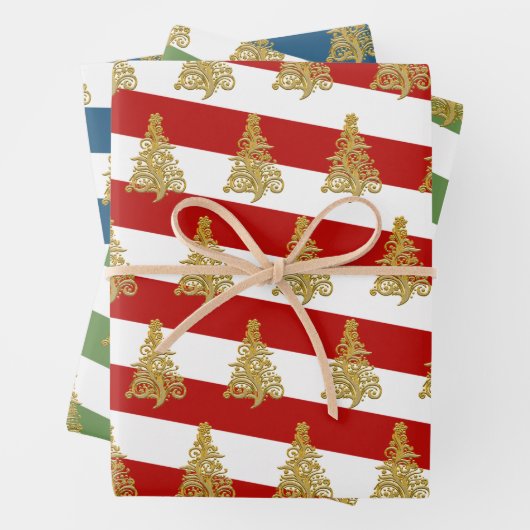 Elegantes goldenes Weihnachtsbaummuster gestreift Geschenkpapier Set (Beispiel)