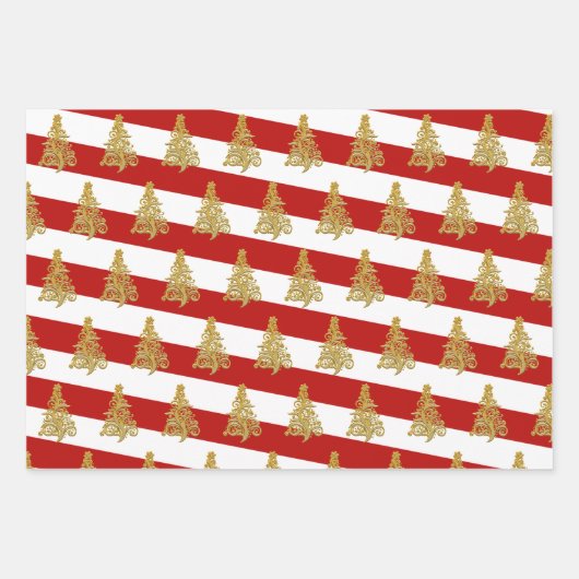 Elegantes goldenes Weihnachtsbaummuster gestreift Geschenkpapier Set (Vorderseite)
