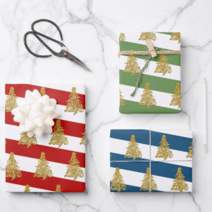 Elegantes goldenes Weihnachtsbaummuster gestreift Geschenkpapier Set