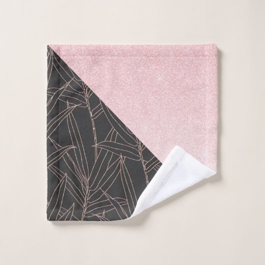 Elegantes goldfarbenes Bambusfoliendesign in Rosa- Badhandtuch Set (Waschlappen)