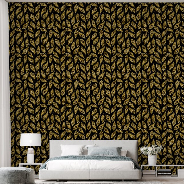 Elegantes goldfarbenes Federmuster Tapete (Schlafzimmer)